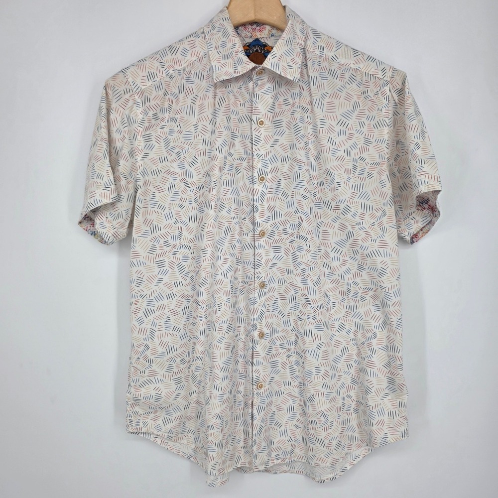 Robert Graham Mens Short Sleeve Button Down Shirt White Hatch Print Skull Small